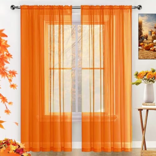 Basic Rod Pocket Sheer Voile Window Curtain Panels Orange 2 Panels 52 Width 72 Inch Long for Kitchen Bedroom Children Living Room Yard (Orange / 52"W x 72"L (Pack of 2))