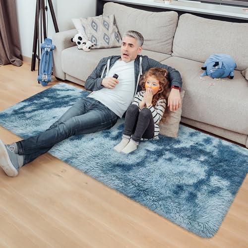 Super Soft Fluffy Living Room Area Rug 2x5 ft Tie (Tie-dyed Blue / 2' x 5' (Runner))