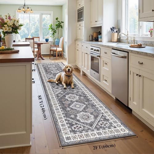 HEBE Boho Kitchen Mats for Floor 24''x96'' (Natural/Grey / 24"x96")