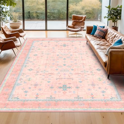 Washable Pink and Blue 7x9 Boho Rugs for Bedroom Girls (7' x 9' (Rectangular) / Pink / Blue)
