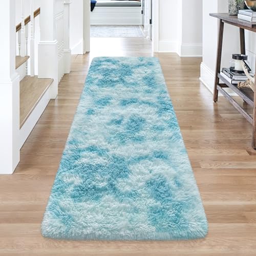Tie Dyed Sky Blue 2x6 Machine Washable Runner Rugs for Hallway Soft Fluffy Shaggy Bedside Rugs for Bedroom Living Room Indoor Floor Carpet for Kids Girls and Boys Nursery Rooms Home Decor Aesthetic (Tie-dyed Sky Blue / 2' x 6' (Runner))