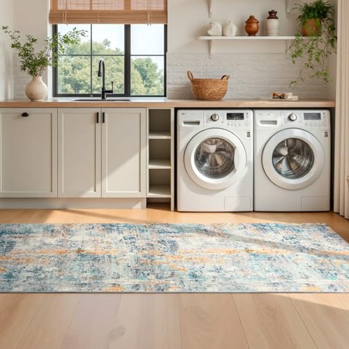 Runner Rug for Kitchen Hallways Runner Rug Non Slip 2'6''x8' Washable Blue Long Runner Rugs with Rubber Backing Soft Abstract Carpet Runner for Entryway (Blue / 2'6" x 8' (Runner))