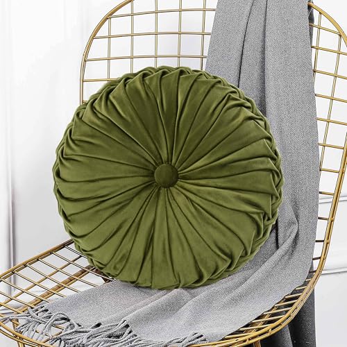 Set of 2 Olive Velvet Decorative Round Pleated Throw Pillows (Olive)