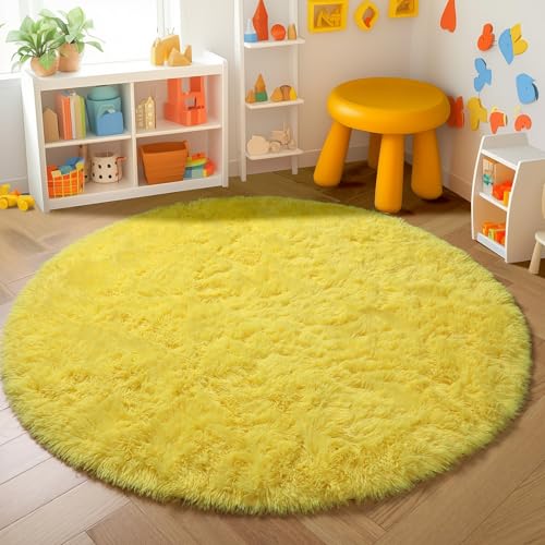 Yellow Shag Fuzzy Large Round Area Rug 6Ft for Bedroom Living Room (Yellow / 6' (Round))