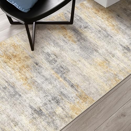 2x6 Runner Rug Washable Abstract (Grey/Yellow / 2' x 6')