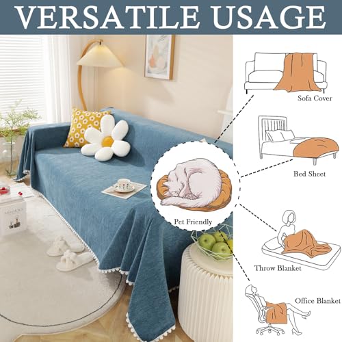 Blue Sectional Couch Covers Easy Fitted Sofa Covers for 3 Cushion Couch Universal Chenille Sofa Cover Durable Furniture Protector with Floral Lace Bottom for Kids Dogs Pets (71" x 150" / Daisy:blue)