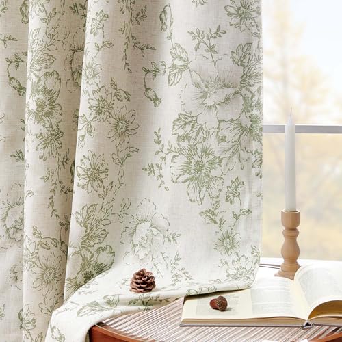 Floral Linen Blackout Curtains for Bedroom 96 Inches Long (Green / 50"W x 96"L (Pack of 2))