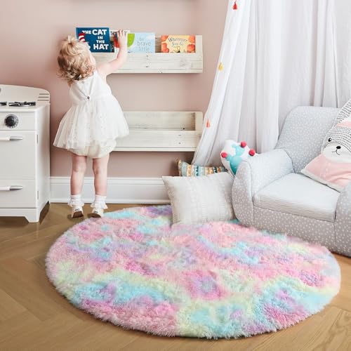 Rainbow Unicorn Pastel Round Circle Rug 5Ft for Kids Girls Bedroom (Rainbow / 5' (Round))