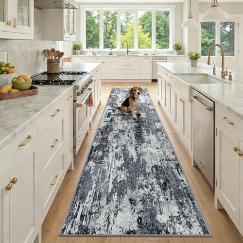 Washable Runner 2'6"x10' Abstract Area Rug for Hallway Black White (Black/Navy Blue/Gray / 2'6" x 10' (Runner))