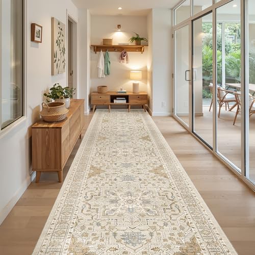 Hallway Runner Rug 3x14 Washable Kitchen Runners Long (Beige/Blue / 3' x 14' (Runner))