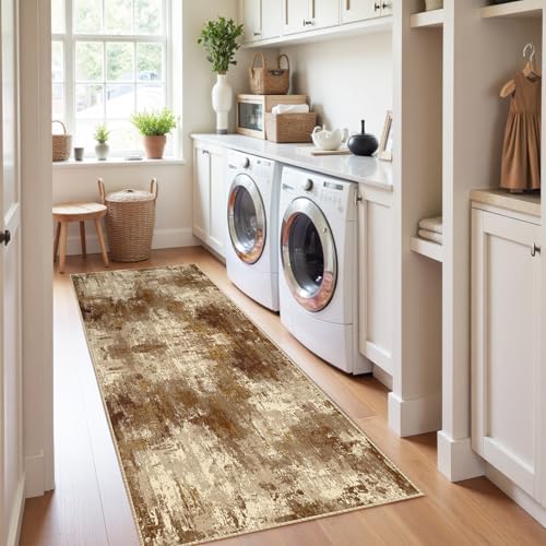 Washable Runner 2'x8' Abstract Area Rug for Hallway Brown Tan (Brown/Tan / 2' x 8' (Runner))