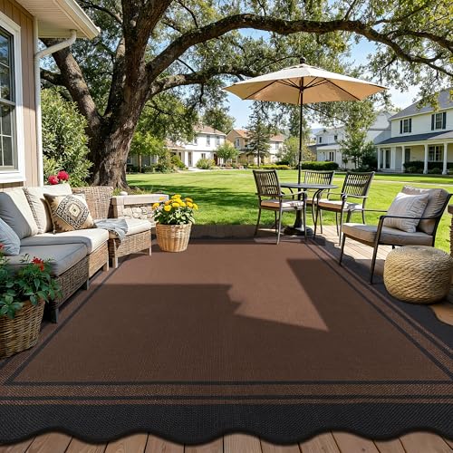 8x10 Scalloped Rug Easy Jute Washable Outdoor Rug for Living Room (8'*10'(Rectangular) / Black Brown)