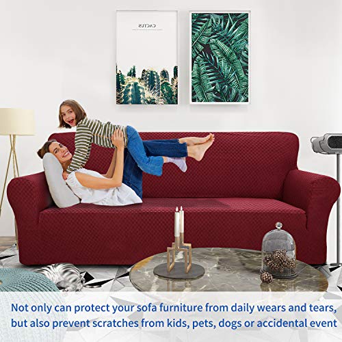 1 Piece Jacquard Couch Covers for 3 Cushion Couch High Stretch Sofa Cover for Pets Dogs Anti Slip Extra Large Sofa Slipcovers Furniture Protector (X-Large (91"-112") / Wine Red)