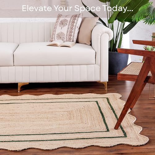 Wave Scalloped Jute Runner Handwoven Hallway Runner Green 2'x12' (2'x12' / Emerald Green)