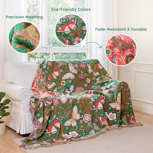 Boho Throw Blanket 50"x60" Fall Cotton Butterfly Floral Blanket (Green Butterfly / 50"x60")
