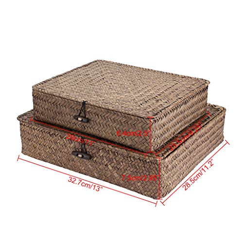 Set of 2 Flat Wicker Storage Basket Bins with Lid Woven Seagrass Box (Small+Large / Coffee)