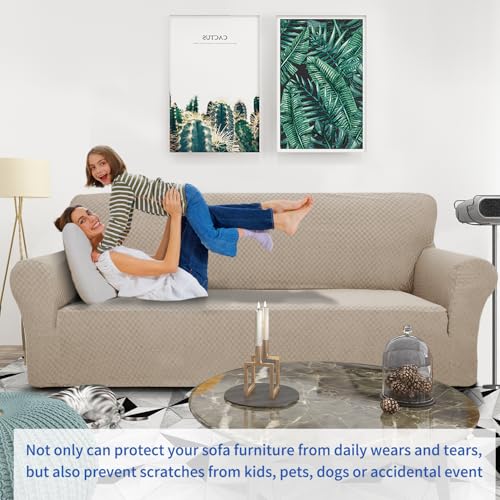 1 Piece Jacquard Couch Covers for 3 Cushion Couch Living Room High Stretch Sofa Cover Pets Dogs Friendly Anti Slip Thickened Slipcovers Furniture Protector (Large (71"-90") / Khaki)
