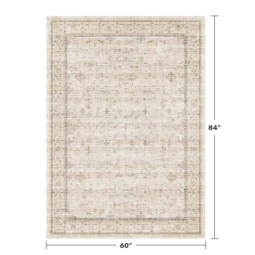 Washable Ivory 5x7 Rug for Bedroom (5' x 7' (Rectangular) / Light Sand Beige)
