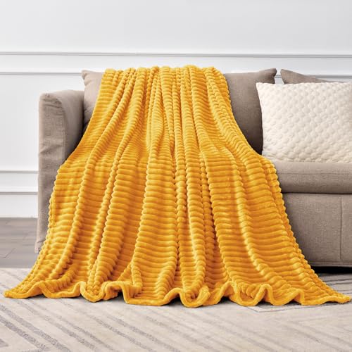 Ribbed Mustard Yellow Fleece Throw Blanket for Couch (Mustard Yellow / Throw XL(50"x70"))