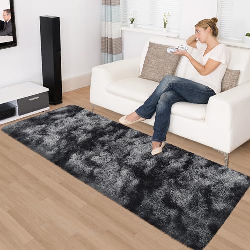 Tie Dyed Runner Rug for Bedroom Black Grey 2x6ft Fluffy Area Rug Bedside Runner Rug for Kids Room Boys Teens Nursery Baby Living Room Dorm Home Decor Carpets (Tie-dyed Black Grey / 2' x 6' (Runner))