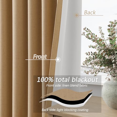 Camel Brown 100% Blackout Linen Curtains 102 Inch Length 2 Panels Set for Living Room Back Tab Thermal Insulated Black Out Drapes Room Darkening Farmhouse Style for Bedroom Window Curtains (Camel Brown / 52"W x 102"L (Pack of 2))
