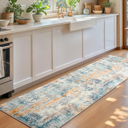 Runner Rug for Kitchen Hallways Runner Rug Non Slip 2'6''x8' Washable Blue Long Runner Rugs with Rubber Backing Soft Abstract Carpet Runner for Entryway (Blue / 2'6" x 8' (Runner))