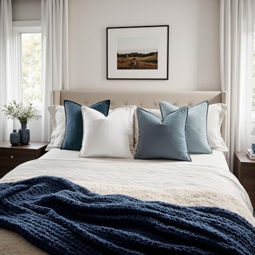 Blue Boho Linen Decorative Pillow Covers 20x20 Inch Pack of 4 (20" x 20" (Pack of 4) / Blue)