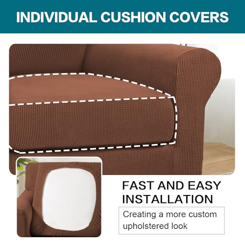 2 Piece Chair Covers Chair Slipcovers for Living Room Armchair Couch Cover Chair Sofa Cover with Individual Cushion Covers Furniture Cover for Chairs Feature Jacquard Fabric (Armchair (1 Cushion) / Caramel)