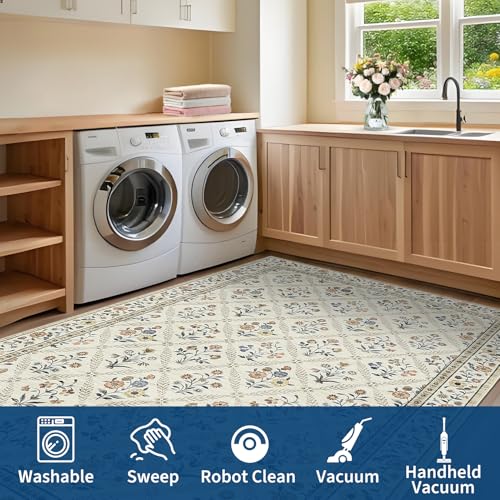 6x9 Machine Washable Area Rugs for Living Room Floral Stain Resistant Soft Carpet Vintage Low Pile Non Slip Non (Beige/Sand / 6' x 9' (Rectangular))