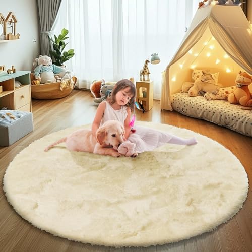 Fluffy Round Area Rugs for Bedroom (Ivory / 4' (Round))