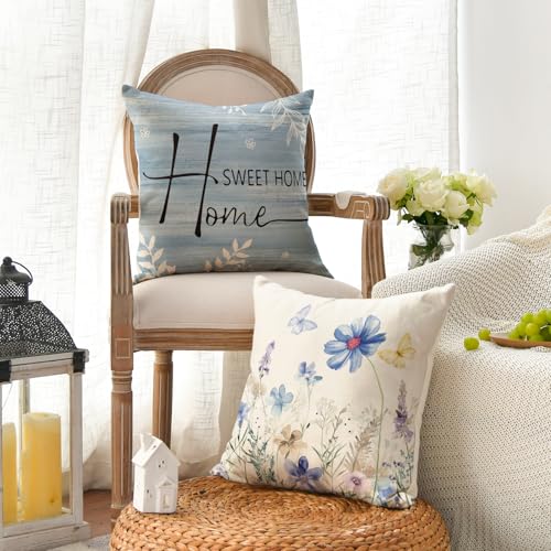 Spring Saying Flowers Butterfly Bird Throw Pillow Covers (Blue / 18" x 18" (Pack of 4))