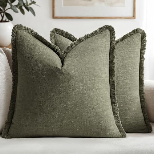Boho Linen Fringe Decorative Throw Pillow Covers Olive Green 20x20 (20" x 20" (Pack of 2) / Olive Green)