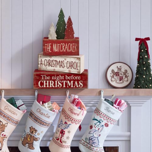 4 Pcs Christmas Table Decorations Rustic Christmas Tree Stacked Wooden Signs Decor Red Green and White Winter Tiered Tray Decor Xmas Table Centerpiece Farmhouse for Home Kitchen Shelf (Rustic Christmas Tree Cute)
