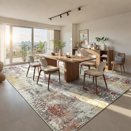 Living Room Rug 9x11 Beige Area Rugs Machine Washable Abstract Boho Large Rug Non (Grey Brown / 9' x 11' (Rectangular))