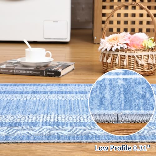 Modern Geometric Area Rug 2x3 Distressed Bordered Washable Non Slip Floor Small Carpet Non Shedding Thin Soft Low Pile Rug (Light Blue / 2' x 3' (Rectangular))