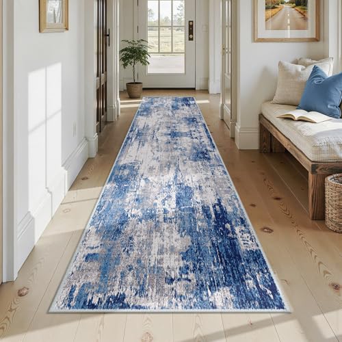 Washable Runner 2'6"x12' Abstract Area Rug for Hallway Blue Gray (Blue/Gray / 2'6" x 12' (Runner))