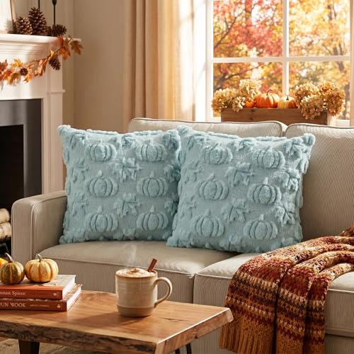 Blue Pumpkin Fall Throw Pillow Covers 18x18 Inch (Blue Maple / 18" x 18" (Pack of 2))