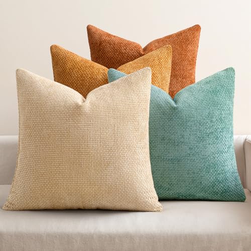 Soft Decorative Chenille Fall Pillow Covers Beige Orange Teal 20x20 (20" x 20" (Pack of 4) / Orange/Teal)
