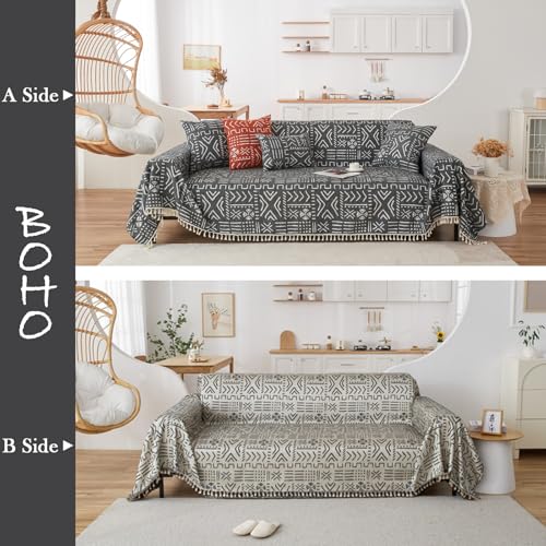 Black White Boho Sofa Cover Boho Geometric Couch Covers Tassel Farmhouse Dog Sofa Covers for Slipcover Aesthetic Couch Cushion Cover Couch Protector for Dogs Living Room Décor (71" x 150" / Tassel 2:black/White)