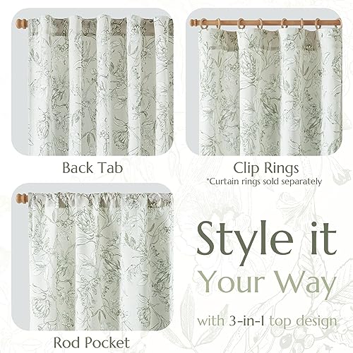 Green Floral Linen Curtains 84 Inch Vintage Back Tab 2 Panels (Flower Green on White / 50"W x 84"L (Pack of 2))