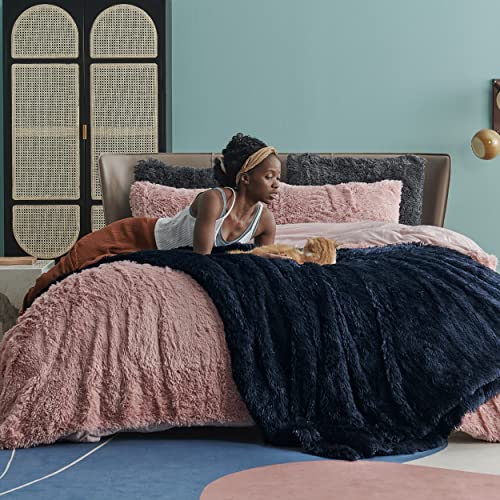 Faux Fur Fluffy Sherpa Fleece Queen Bed Blanket Navy Blue 60"x80" (14- Navy Blue / Queen (90" X 90"))