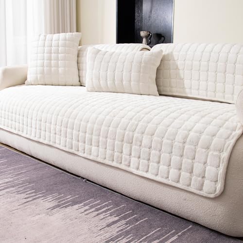 Sectional Velvet Couch Covers for 1 Seat (Beige White / 1PC/35.4"x35.4"/Backrest & Single)