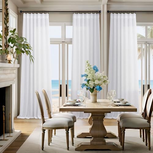 White Linen Curtains 90 Inches Long for Living Room 2 Panels Back Tab Rod Pocket Draperies Light Filtering Semi Sheer Boho Curtains for Bedroom Modern Farmhouse Cottage Core Decor 52x90 Length (52"W x 90"L (Pack of 2) / Pure White)