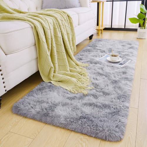 Soft Runner Rug for Bedroom Living Room Plush Fluffy Rugs 2x6 (Grey and White / 2' x 6' (Runner))