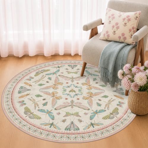 Boho Light Pink Round Rugs for Kids Bedroom (4' (Round) / Beige Pink)