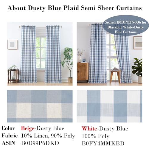 Dusty Blue White Buffalo Plaid Semi Sheer Curtain Panels 84 Inch (Blue/White / 52"W x 84"L (Pack of 2))