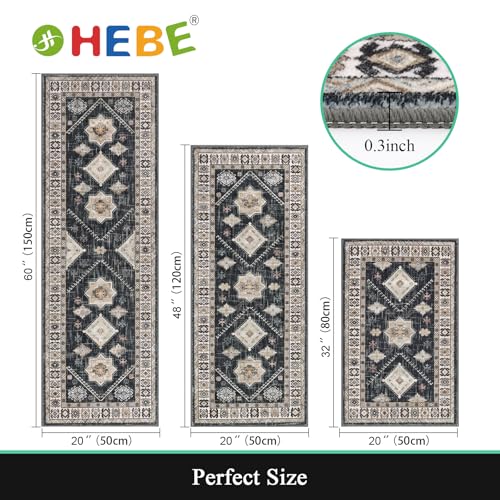 HEBE Boho Kitchen Rugs Set of 3 (Black/Colorful / 20"x32"+20"x48"+20"x59")