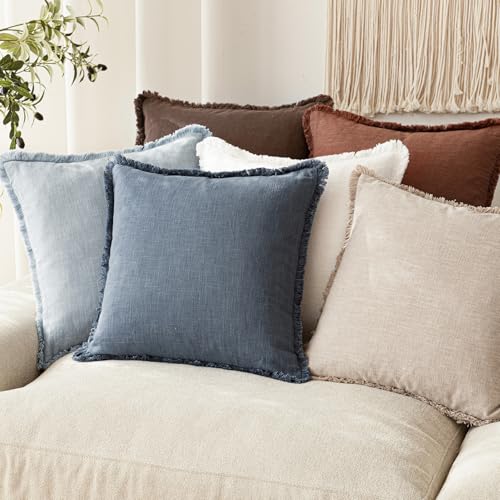 Decorative Linen Fringe Throw Pillow Covers 24×24 Inch (24" x 24" (Pack of 2) / Sky)