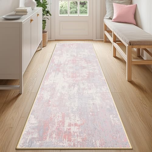 Washable Runner 2'x6' Abstract Area Rug for Hallway Gray Pink (Gray/Pink / 2' x 6' (Runner))