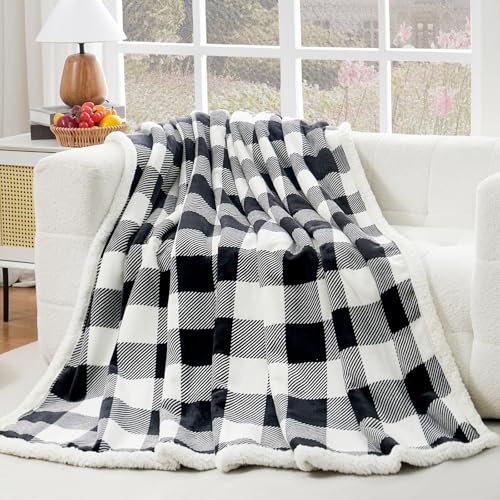 Sherpa Fleece Throw Blanket 60" x 80" Reversible Plush Fluffy Large Big Blanket Lattice Flannel Blankets for All Season Use (Black and White / 60"*80")
